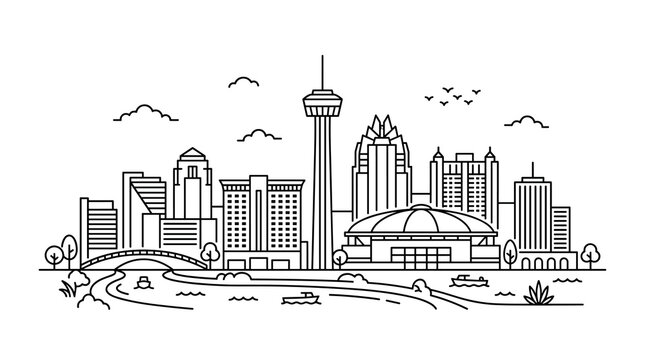 San Antonio Texas city skyline vector line art illustration featuring buildings and tower landmark