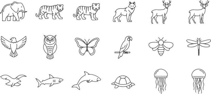 Collection of diverse animal line art icons including elephant tiger wolf deer owl parrot.
