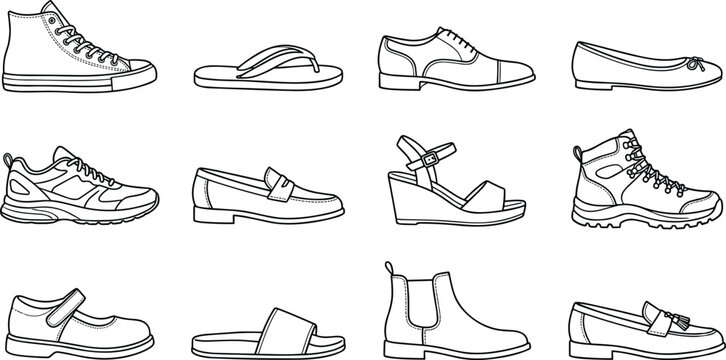 Footwear and shoes doodle line icon set featuring sneakers dress shoe boot flats sandal loafer flip flop chelsea and wedge vector elements.