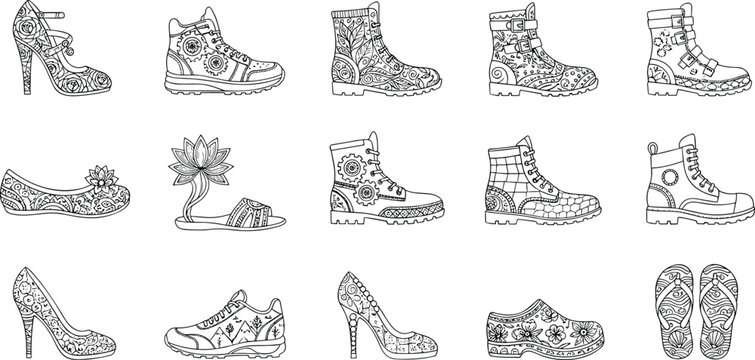 Ornate decorated shoes and footwear line icon set for adult coloring page featuring detailed patterns on boots high heels sneakers sandals and clogs vector elements.
