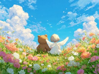 Naklejka premium Angel Child And Teddy Bear Sitting Together In Flower Meadow