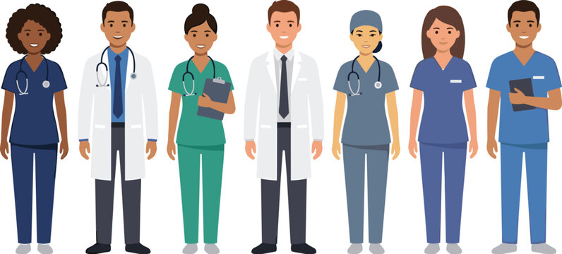 Diverse medical team vector set featuring male and female doctors, nurses, and surgeons in white coats and scrubs with stethoscopes standing together.