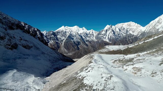 Aerial View from Larkya La Pass with Annapurna Massif and Snow Covered Himalayan Peaks, Nepal