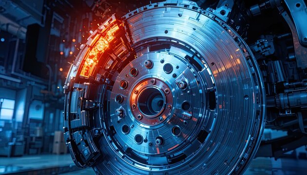 Futuristic Machine Part in a High-Tech Industrial Setting with Blue and Orange Lighting