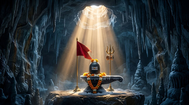 Beautiful frozen ice cave with glowing sun rays shining on mahadev shiva lingam with a red flag and trident for the holy maha shivratri festival