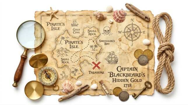 Pirate treasure map with magnifying glass and nautical objects on white background