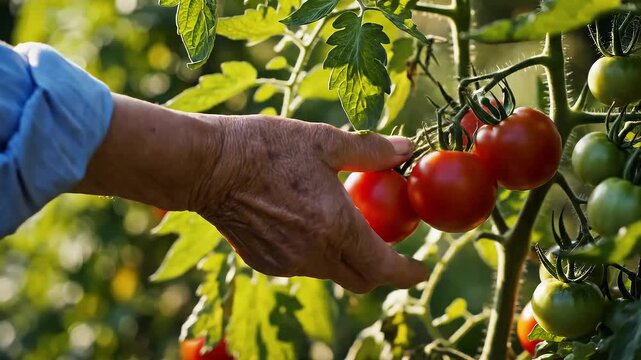 Close-up of a hand harvesting ripe red tomatoes on the vine in a sunlit garden, warm natural light emphasizing texture and freshness