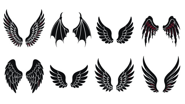 Set of black angel and bat wings silhouette designs