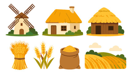 Set of rural farm buildings and wheat harvest vector icons © Mark