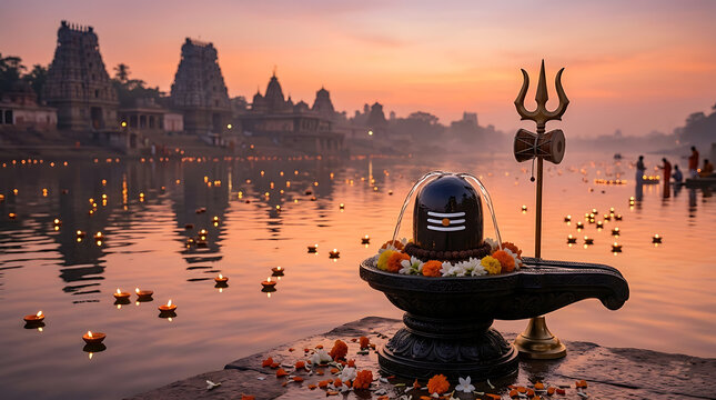 Stunning golden sunrise over peaceful holy river ghats illuminating a beautifully decorated mahadev shiva lingam alongside many floating glowing lamps for glorious maha shivratri prayers