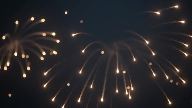 Golden fireworks exploding in a beautiful display against the dark night sky, illuminating the celebration with sparkling lights and creating a festive and joyful atmosphere