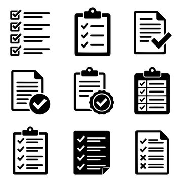 Clipboard and checklist icon set featuring task completion document approval survey forms for business management checklist clipboard document approval