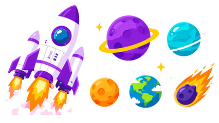 Cartoon rocket and colorful planets space vector set © Mark