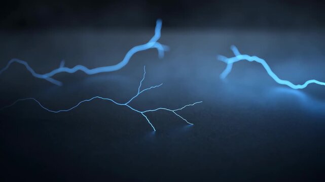 Blue electrical energy current spreading across a dark surface in a foggy atmosphere. Abstract lightning bolt arcing and branching, creating a futuristic technology background