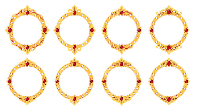 Set of ornate golden circular frames with red gems
