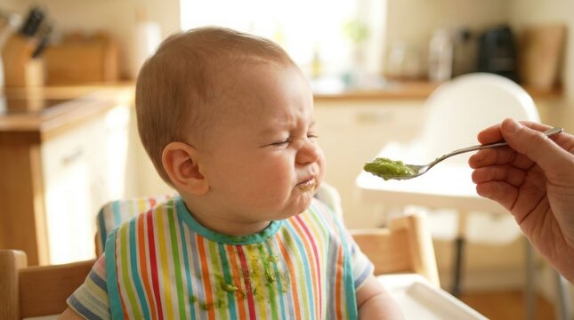 A cute infant makes a funny disgusted face while being fed green vegetable puree in the kitchen.