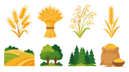 Set of wheat rice fields trees forest and grain sack icons © Mark
