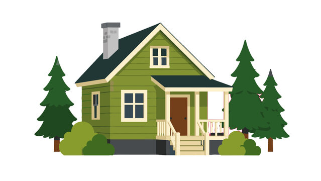 Green house with porch and pine trees vector illustration
