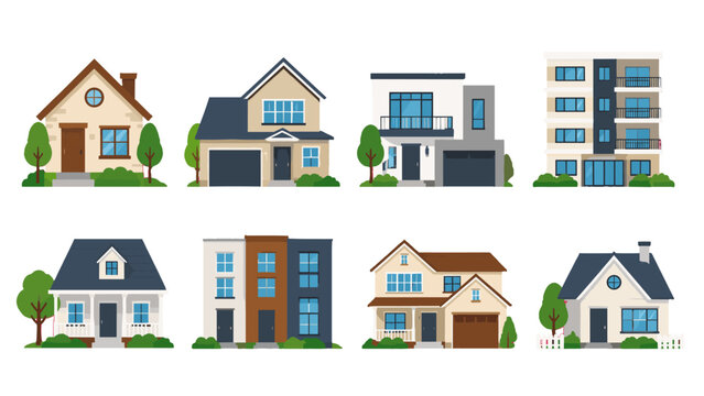 Set of residential house facades and apartment building vector