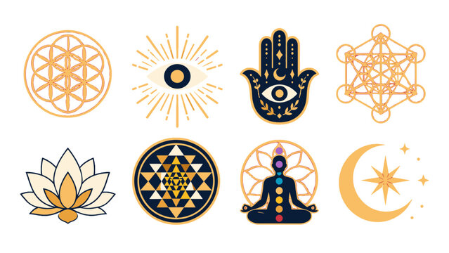 Sacred geometry and spiritual symbols vector icon set