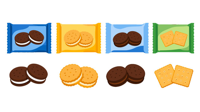 Packaged sandwich and cracker biscuits set in flat vector style