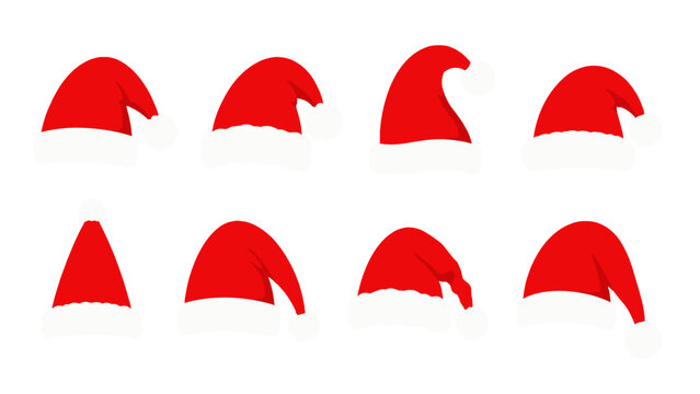 Set of red Santa hats isolated on white background