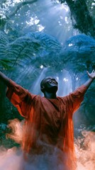 Obraz premium Person stands in forest, arms raised, eyes closed, soaking in sunlight. Mist swirls around, surrounding them. Peaceful, spiritual moment, nature embracing soul. Great for meditation, wellness