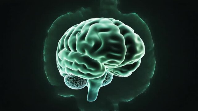 Glowing cyan human brain illustration on dark background, frontal view, high-tech medical visualization