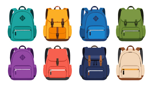 Collection of colorful backpack designs in flat vector style