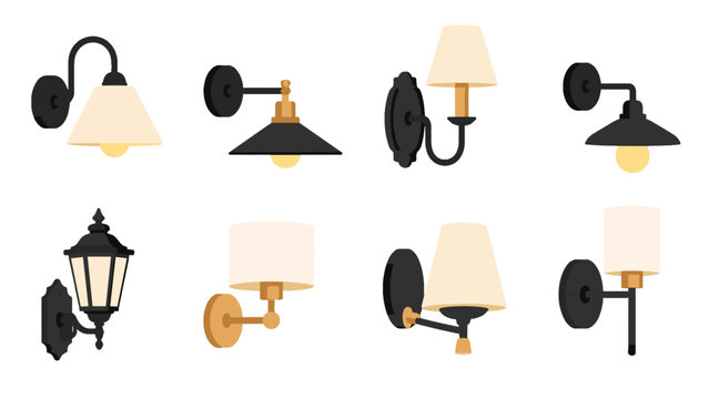 Set of wall mounted lamp illustrations on white background