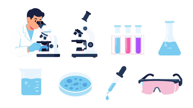 Laboratory science equipment and researcher cartoon icon set