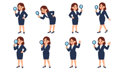 Obraz premium Businesswoman character set holding magnifying glass in poses