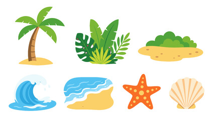 Obraz premium Tropical beach element set with palm tree wave shell and plants
