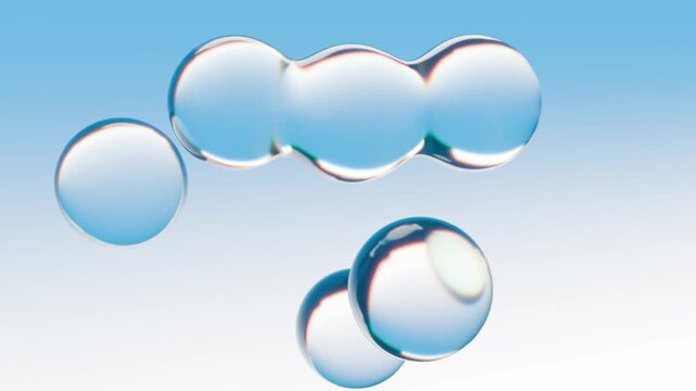 Water droplets in the air on a blue background, transparent water drops as natural wallpaper, 3D seamless computer graphic animation.