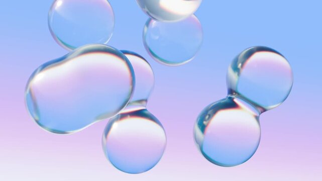 Water droplets in the air on purple blue background, transparent water drops as natural wallpaper, 3D seamless computer graphic animation.
