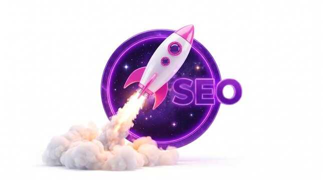 Rocket Ship Launching into Space with SEO Text
