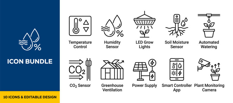 Icon bundle of digital farming automation and smart gadgets featuring phone and controller in professional minimalist line stroke vector style for high tech agriculture apps art