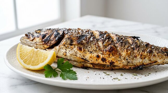 L&uuml;fer &ndash; Grilled Turkish Bluefish on White Plate with Crispy Skin and Lemon Seafood Photography