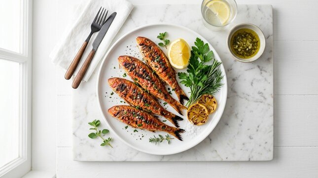 Barbun &ndash; Grilled Small Turkish Red Mullet on White Plate with Lemon and Herb Fish Dish