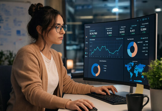 Focused female data analyst wearing glasses sits at workstation, typing on a keyboard while reviewing complex charts and metric dashboards on a large monitor in a dimly lit office during night session