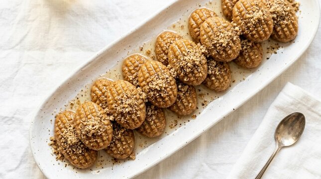 Kalburabastı &ndash; Walnut Cookies in Syrup on White Plate Turkish Pastry Sweet Treat