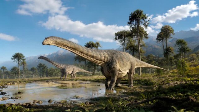 Sauropod dinosaur wading through a shallow forest lagoon beneath mountain peaks in a prehistoric landscape
