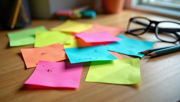 Colorful sticky notes scattered on a wooden desk with pencils and glasses. Papers for ideas and planning. Notes for reminders and to do lists.