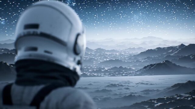 astronaut moving across a frozen mountain landscape under a bright starry sky on a distant planetary horizon