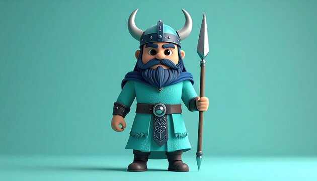 Cartoon Viking Warrior with Spear and Horned Helmet on Turquoise Background.