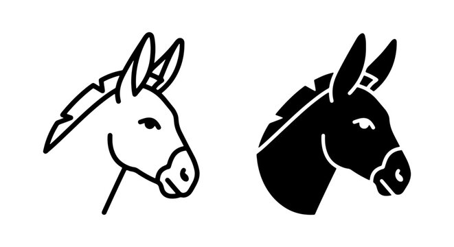 Donkey Head Icons: Simple Outline and Bold Silhouette Vector Graphics for Animal Themes, Farm Life, and Livestock Concepts