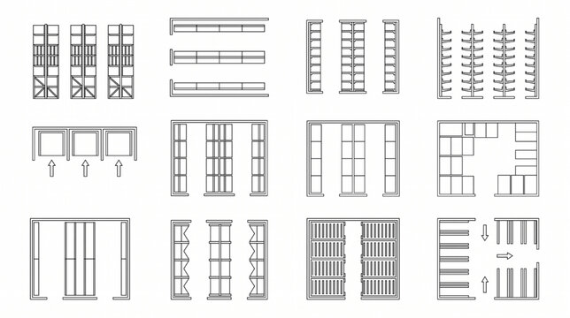 Warehouse CAD Symbol Sheet Top View Storage Logistics Layout Blocks Pallet Rack Shelving Loading Zone Vector Collection