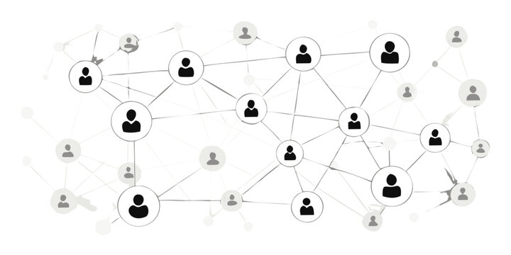 Network graph with person silhouettes and connecting lines on black background