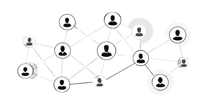Network graph with person silhouettes and connecting lines on black background