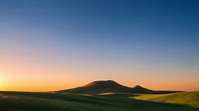 Sunlight fading over rolling grassy hills beneath a clear sky as evening deepens and stars appear above the ridge